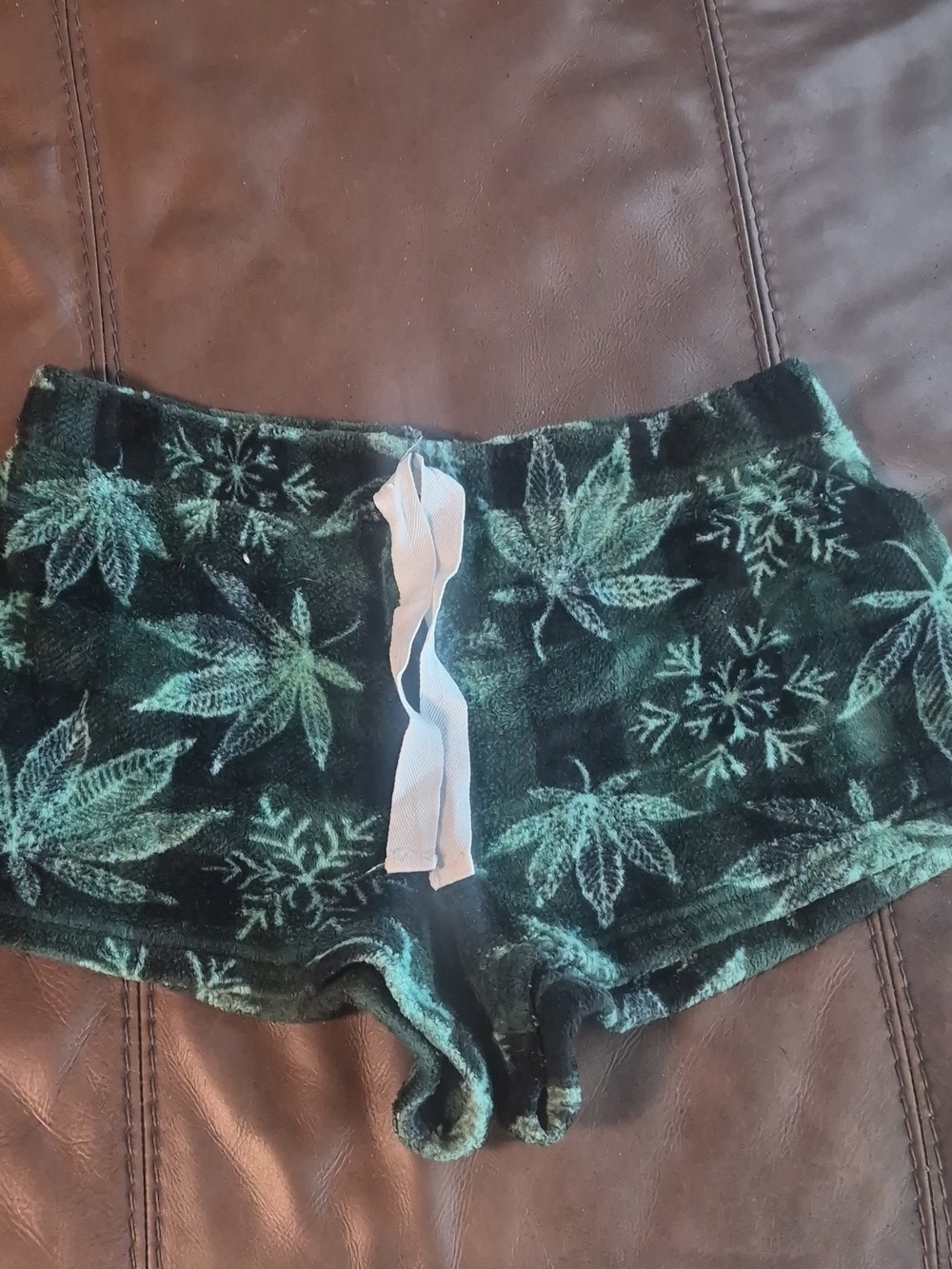 Rue21 Black Plush Bike Shorts with Green Leaf Print and White Drawstring